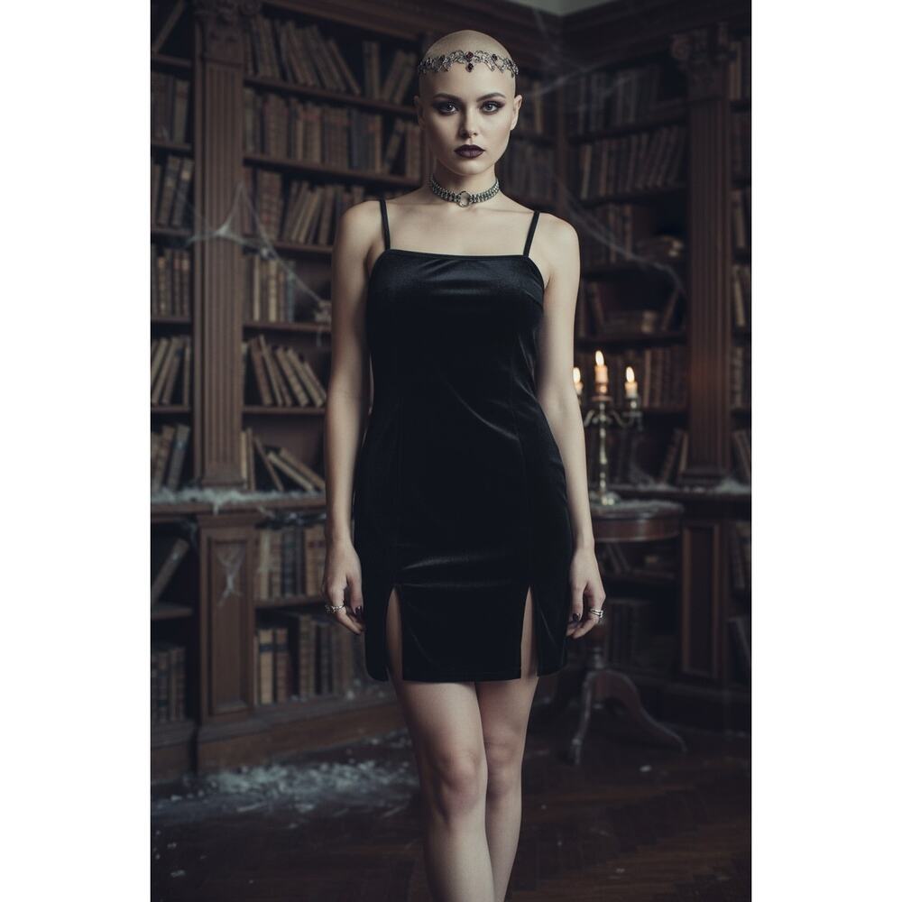 Romwe Women's Wimsigoth Dark Romantic Vamp Black Velvet Dress Size Large